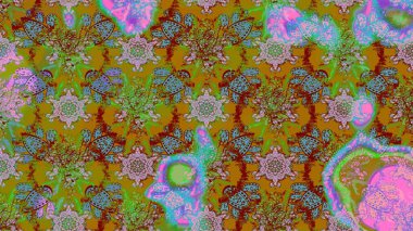 Halk tarzı. Modern çiçek arkaplanı. Parlak renkli çiçekleri ve yeşil ve kahverengi renkte yaprakları olan harika bir çiçek deseni. Moda baskıları için zarif bir şablon.