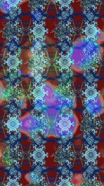 Mavi ve kırmızı renkte etnik çiçeklerle süslenmiş zarif bir eskiz şekli. Asya Tekstil 'inde Raster Çiçek İllüstrasyonu.