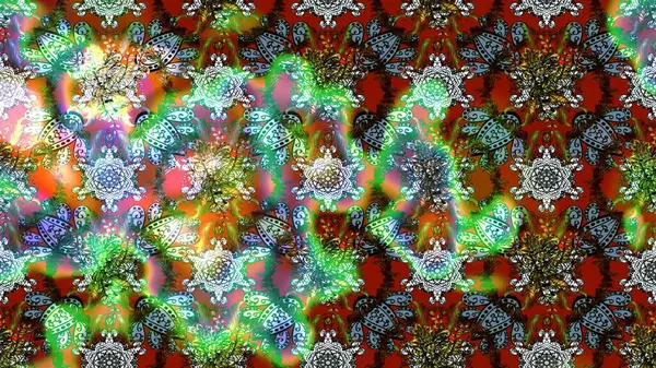 Düz Çiçek Elementleri Tasarımı. Raster Illustrasyon 'daki Çiçek Deseni' nin son moda çizimi. Renkli Yaz Temalı eskiz kalıbı. Yeşil ve kahverengi renkte çiçekler.