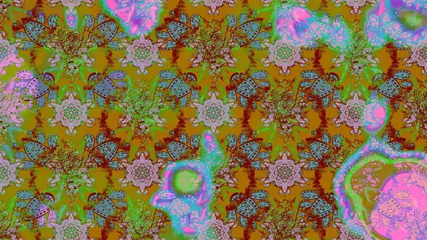 Halk tarzı. Modern çiçek arkaplanı. Parlak renkli çiçekleri ve yeşil ve kahverengi renkte yaprakları olan harika bir çiçek deseni. Moda baskıları için zarif bir şablon.