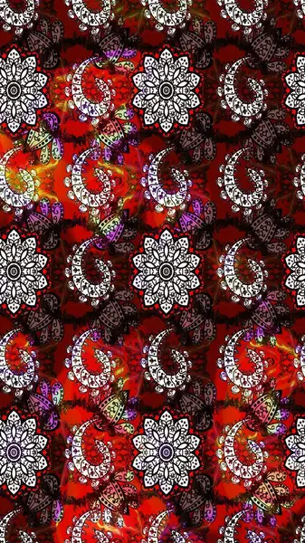 Patlayan çiçekler soyut olarak yerleştirilmiş. Raster illüstrasyonu. Raster deseni. Kibar, bahar çiçekleri kırmızı ve kahverengi renklerde.