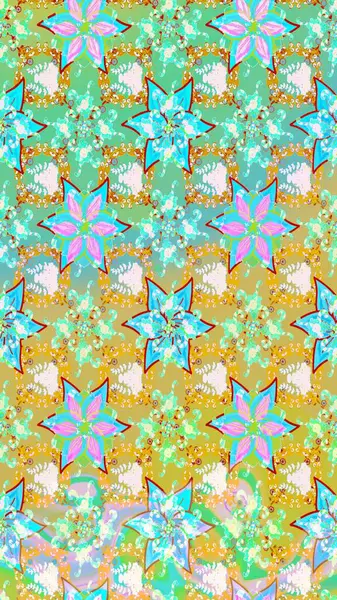 Raster Floral Illustration, Asyalı tekstil. Tarafsız renklerde etnik çiçeklerle zarif bir eskiz..