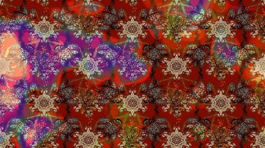 Çiçeksel elementlerle süslenmiş zarif raster dokusu. Parlak çiçekli kahverengi ve kırmızı renkler üzerine soyut çizim deseni. Küçük çiçekte şirin bir çiçek deseni var..