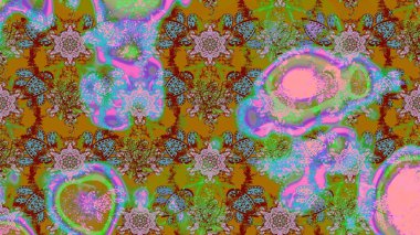 Yeşil ve kahverengi renkli Asya tekstili. Raster illüstrasyonu. Suluboya çiçekli çiçek deseni.