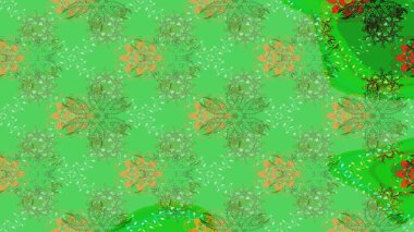 Düz Çiçek Elementleri Tasarımı. Asya tekstil tarzında. Renkli Bahar Teması eskiz kalıbı. Yeşil ve nötr renklerde çiçekler. Raster illüstrasyonu. Çiçek desenini çiz.