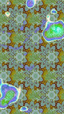 Hint süsü. Çiçek duvar kağıdı. Raster illüstrasyonu. Yeşil ve mavi renklerde. Çizim kalıbı. Renkli süs kenarı.