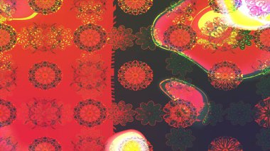 Raster illüstrasyonu. Turuncu ve pembe renkli çiçekler. El çizimi çiçekli soyut çizim deseni.