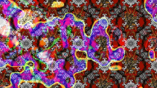 Vadinin çiçekleri gri ve kırmızı renklerde. Soyut etnik raster çizim kalıbı. Çiçekler..