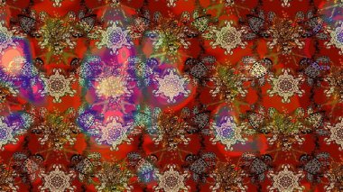 Tekstil tasarımı için kırmızı ve kahverengi renkli geleneksel halk çiçekleri buketi. Üzerinde gelincikler ve vadi zambakları olan renkli çiçek desenli nakış..