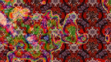 Renkli desenli eskiz deseni, kahverengi ve kırmızı çiçekler ve dekoratif elementler. Eskiz geçmişi. Kumaş, tekstil, duvar kağıdı baskısı için. Eski usul. Raster illüstrasyonu.