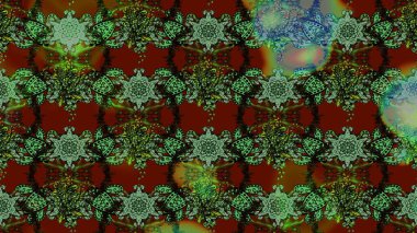 Raster illüstrasyonu. Suluboya çiçekli çiçek deseni. Yeşil ve kırmızı renkli Asyalı tekstil.