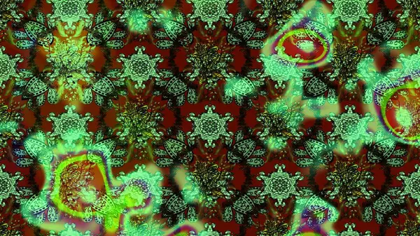 Raster illüstrasyonu. Suluboya çiçekli çiçek deseni. Yeşil ve kahverengi renkli güzel tekstil.