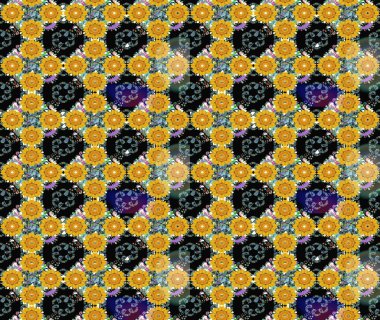 Raster illüstrasyonu. Şirin çiçekli eskiz deseni ve sarı renkli yapraklar, suluboya çiçek deseni, duvar kağıdı, kart veya kumaş için fayanslı.