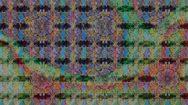 Parmak izi, kumaş, duvar kâğıdı, tekstil için raster dokusu. Renkli grunge, soyut arkaplanı kolonya ve yeşil çiçeklerle süslüyor. Nakış desenli çiçek deseni..