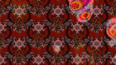 El çizimi çiçek unsurları olan soyut çizim raster deseni. Retro tekstil tasarım koleksiyonu. 1950-1960 motifleri. Çiçekli ipek eşarp. Kahverengi ve kırmızı üzerine kahverengi ve kırmızı.