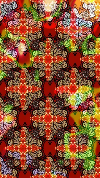 Moda baskıları için zarif bir şablon. Modern çiçek arkaplanı. Parlak renkli çiçekli ve kırmızı yapraklı harika bir çiçek deseni. Halk stili.