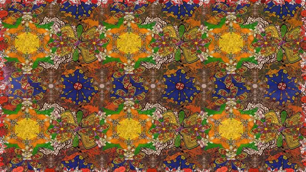 Kahverengi ve yeşil çiçekli eskiz deseni, suluboya çiçek deseni, sevimli çiçek, duvar kağıdı, kart veya kumaş için fayanslı. Raster - stok.