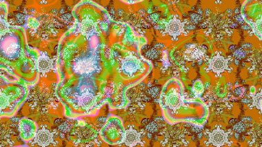 Kahverengi ve yeşil renklerde etnik çiçeklerle süslenmiş zarif bir eskiz şekli. Raster Çiçek İllüstrasyon Şirin Tekstil.