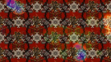 Elle çizilmiş çiçek desenli Raster çizimi. Tekstil, kumaş, ambalaj, hatıra defteri için hoş bir çiçek arkaplanı. Kahverengi ve kırmızı arka planda. Çocuksu tasarım.