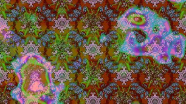 Asya tekstil tarzında. Kahverengi ve yeşil renkli çiçekler. Raster illüstrasyonu. Çiçek desenli çizim. Raster illüstrasyonu.