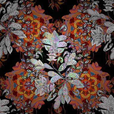 Çiçeklerle kusursuz desen. Siyah ve turuncu renkli çiçekler. Suluboya çizimi. El çizimi.