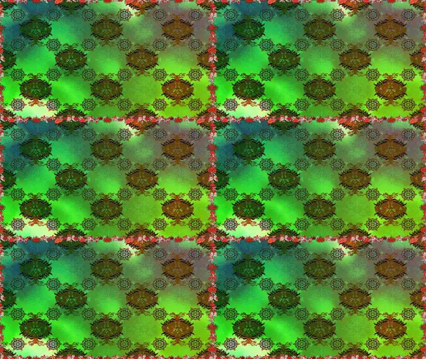 Sanat, esinlenerek ve kahverengiye benzer çiçekler bırakır. Raster deseni. Karalama çiçekleri kusursuz desen. Yeşil ve kahverengi el çizimi desen.