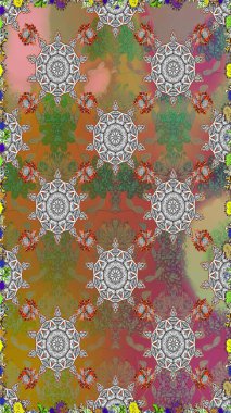 Eski moda arka plan. Güzel, parlak, pürüzsüz kumaş, tuval. Çiçek çelengi. Şablon, pürüzsüz, çiçekli kenar. Raster illüstrasyonu. Kıvırcık, parlak örgü.