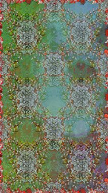 Güzel kumaş deseni. Raster illüstrasyonu. Yeşil ve kahverengi renklerde. Raster illüstrasyonunda kusursuz çiçek deseni.