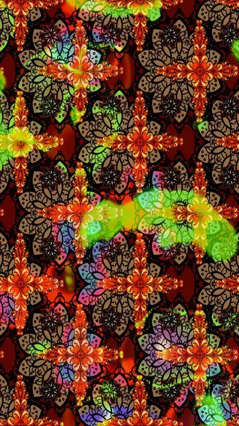 Halk tarzı. Parlak renkli çiçekleri ve siyah ve kahverengi renkte yaprakları olan harika bir çiçek deseni. Modern çiçek arkaplanı. Moda baskıları için zarif bir şablon.