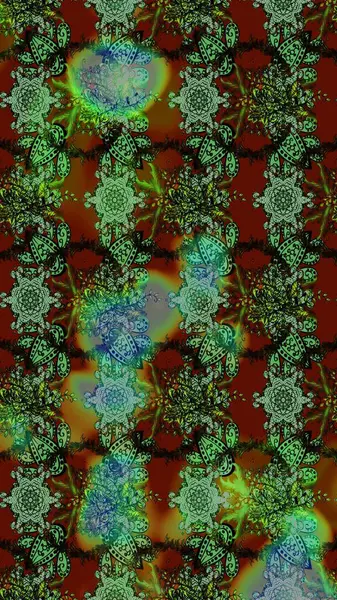 Retro tekstil tasarım koleksiyonu. El çizimi çiçek unsurları olan soyut çizim raster deseni. Çiçekli ipek eşarp. Yeşil ve kahverengi, yeşil ve kahverengi. 1950 'ler-1960' lar motifleri.