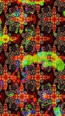 Halk tarzı. Parlak renkli çiçekleri ve siyah ve kahverengi renkte yaprakları olan harika bir çiçek deseni. Modern çiçek arkaplanı. Moda baskıları için zarif bir şablon.