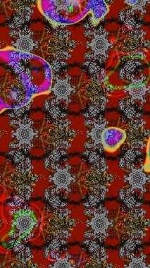 Raster Çiçek İllüstrasyonu 'nun şirin tekstili. Gri ve kırmızı renkte etnik çiçeklerle süslenmiş zarif bir eskiz..