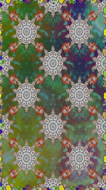 Düz Çiçek Elementleri Tasarım Raster illüstrasyonu. Çiçekli, suluboya desenli kusursuz çiçek deseni. Yeşil ve gri renkte çiçekler. Renkli Bahar Teması: Kusursuz Arkaplan.