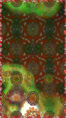 Raster Floral Illustration, Asyalı tekstil. Kahverengi ve yeşil renklerde etnik çiçeklerle kusursuz bir desen..