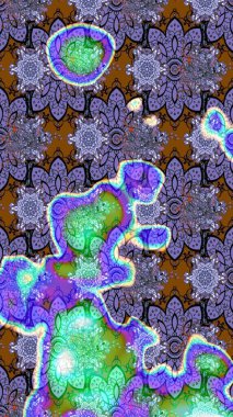 Mor ve mavi zarif küçük çiçekler ve menekşe ve mavi renklerdeki komik böcekler, raster desen, illüstrasyon.