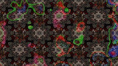 Raster illüstrasyonu. Siyah renkli Asya tekstili. Suluboya çiçekli çiçek deseni.