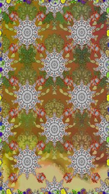 Raster Çiçek İllüstrasyonu 'nun şirin tekstili. Kahverengi ve gri renklerde etnik çiçeklerle kusursuz bir desen..