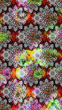 Süslü kumaş deseni. Raster illüstrasyonundaki çiçek desenli çizim. Renkli Bahar Teması eskiz kalıbı. Düz Çiçek Elementleri Tasarımı.