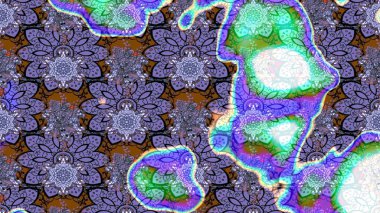 Tekstil için suluboya eskiz deseni. El çizimi çiçek çizimi deseni (fayans). Şirin çiçekler, şal desenli, mor ve mavi renklerde renkli çizim deseni.