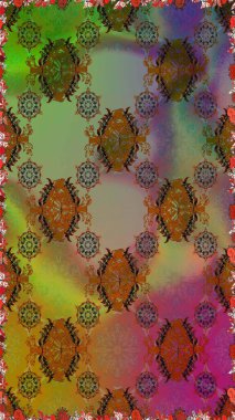 Çiçeksiz desenli, suluboya elle çizilmiş elementler. Parlak renkli fantezi çiçekleri, yapraklar, kahverengi ve yeşil renkli tomurcuklar kahverengi ve yeşil.