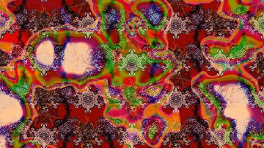 Floral background. Raster illustration. In cute textile style on brown and red colors. Flowers wallpaper. Colorful sketch pattern.