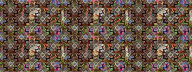 Folk style. Amazing sketch floral pattern with bright colorful flowers and leaves on a brown and beige colors. Modern floral background. The elegant the template for fashion prints.