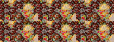 Çiçek ve yapraklı karalama şeklinde Raster çiçek deseni. Raster illüstrasyonu. Gri ve kahverengi renkte bahar çiçekleri.