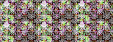 Raster illüstrasyonu. Çiçek desenli çizim. Raster illüstrasyonu. Asya tekstil tarzında. Gri ve nötr renkte çiçekler.