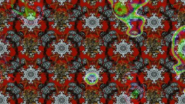 Parlak çiçekli kırmızı ve kahverengi renkler üzerine soyut çizim deseni. Çiçeksel elementlerle süslenmiş zarif raster dokusu. Küçük çiçekte şirin bir çiçek deseni var..