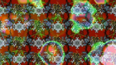 Raster illüstrasyonu. Çiçek desenli çizim. Kahverengi ve yeşil renkli çiçekler. Asya tekstil tarzında. Raster illüstrasyonu.