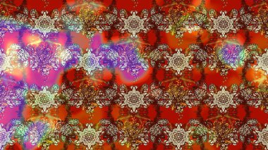 Parlak çiçekli kahverengi ve kırmızı renkler üzerine soyut çizim deseni. Çiçeksel elementlerle süslenmiş zarif raster dokusu. Küçük çiçekte şirin bir çiçek deseni var..