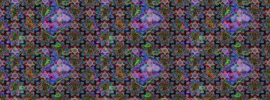 Parmak izi, kumaş, duvar kâğıdı, tekstil için raster dokusu. Nakış desenli çiçek deseni. Renkli grunge, koloni ve siyah çiçeklerle soyut arkaplanı zenginleştirir.