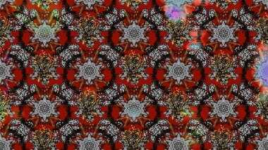 Gri ve kırmızı renkli şirin çiçek desenleri. Raster Modaya uygun kumaş deseni. Düz Çiçek Elementleri Tasarımı. Renkli Bahar Teması çizim şablonu.