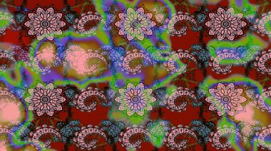 Raster Çiçek İllüstrasyonu güzel tekstil. Yeşil ve kahverengi renkli etnik çiçeklerle zarif eskiz deseni.